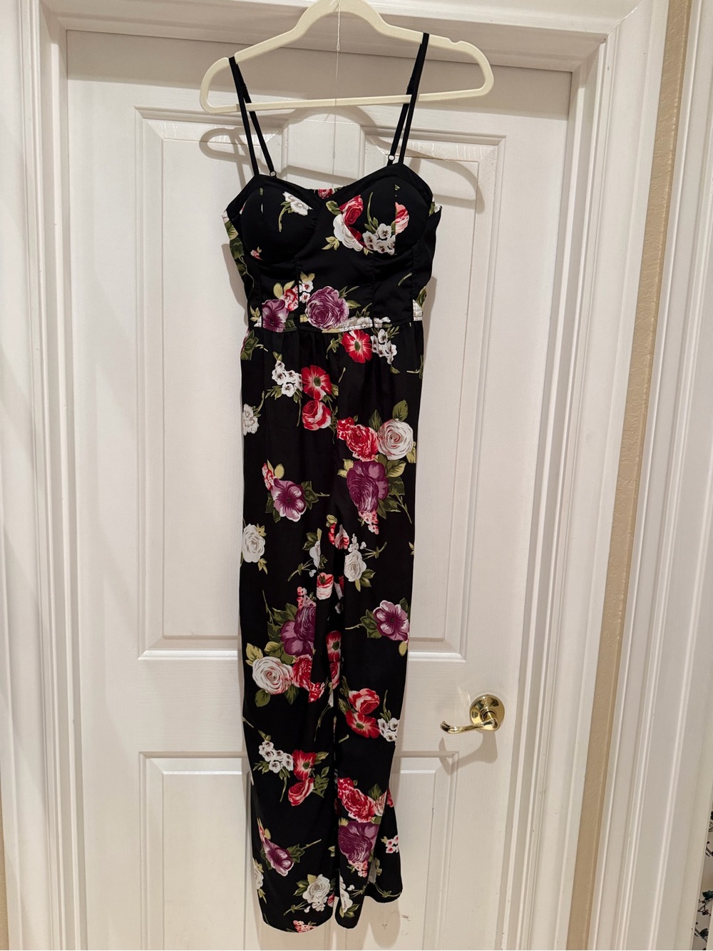 0031. Band of Gypsies Black Floral Jumpsuit with Pink Red White Flowers